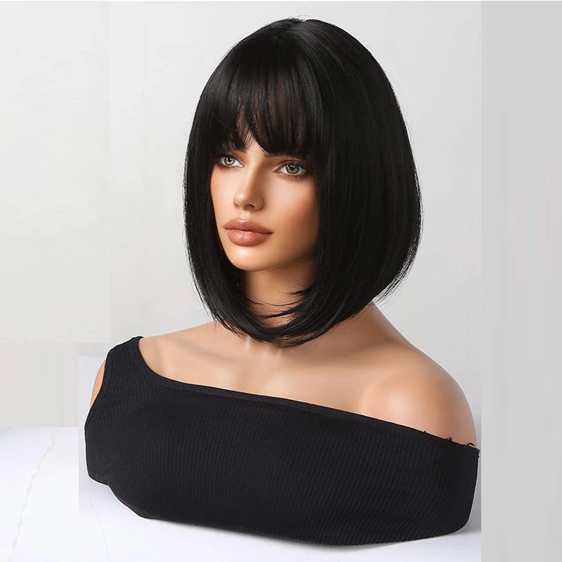 Bob Black Synthetic Wig with Bangs for Women Afro Short Dark Straight Wigs Cosplay Halloween Natural Hair Lolita Heat Resistant