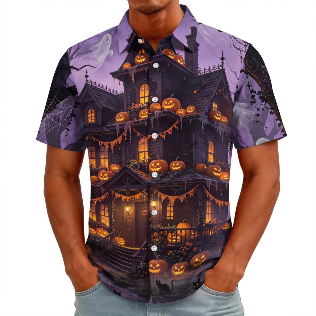 Men's Halloween Print Vintage Button Down Cardigan Shirt - Loose Fit Breathable Summer Casual Streetwear Top