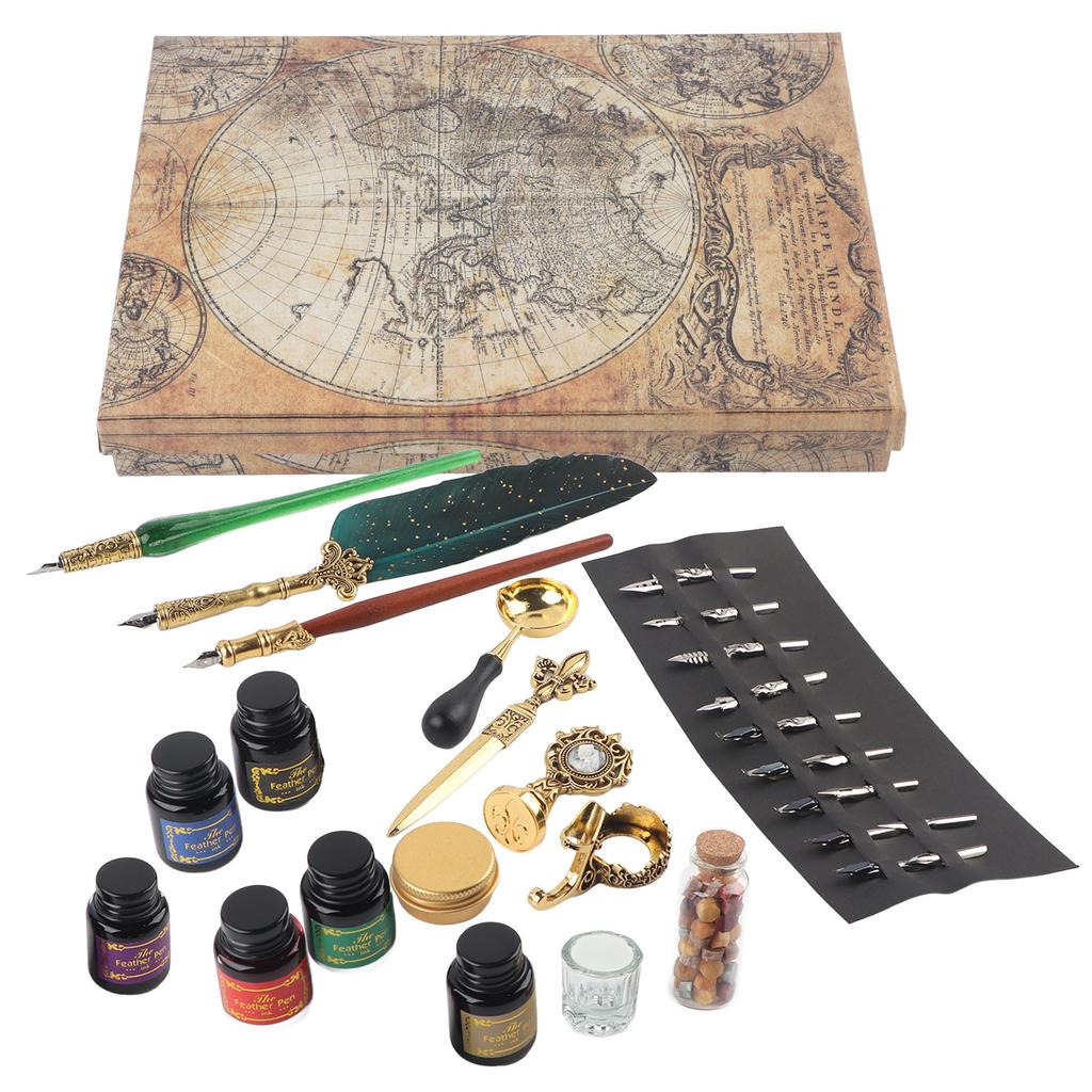Feather Pen Set European Style British Retro Lacquer Stamp Dipped In Water Quill Pen Set with InkDark Green