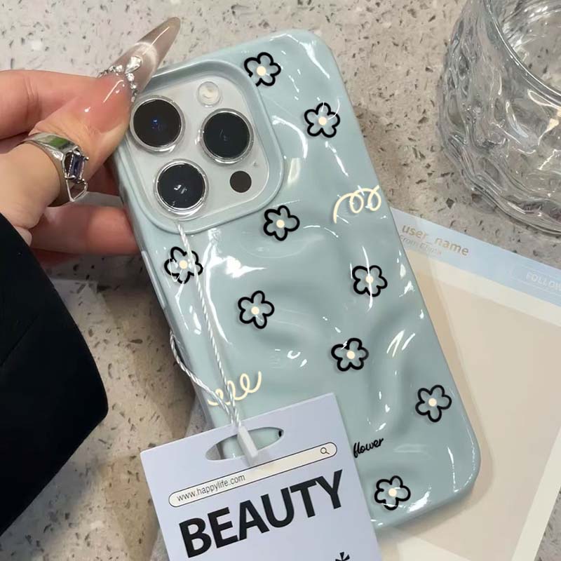 Cute Black Line Flower Korean Phone Case For iPhone 16 15 14 Plus 13 12 11 17 Air Pro Max Folds Texture Kawaii Soft Cover Cases