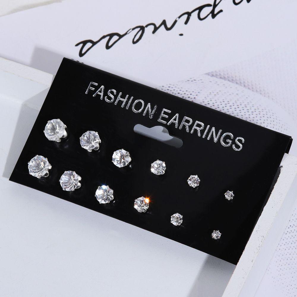 6/12Pairs Elegant Women Wedding Stud Earrings Set Round Zircon Geometric Crystal Alloy Silver