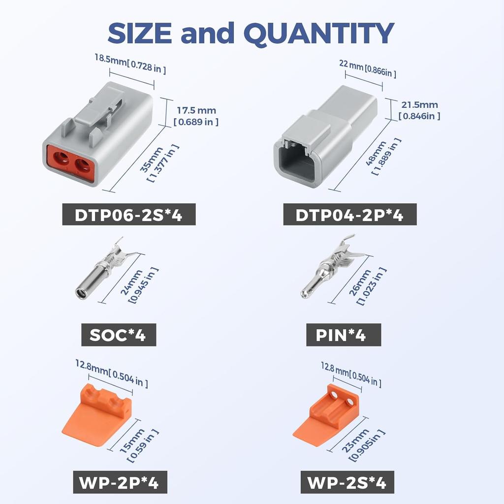 32 PCS Deutsch DTP Connector Kit 2 Pin Automotive Waterproof Connectors 4 Sets With Size 12 Stamped Contacts Gauge 14-12 AWG Wire Size,25A