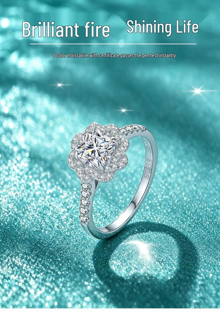 S925 Sterling Silver Cushion Cut Moissanite Ring VVS1 D Color Rose Flower Design 1 Carat Wedding Promise Ring for Women