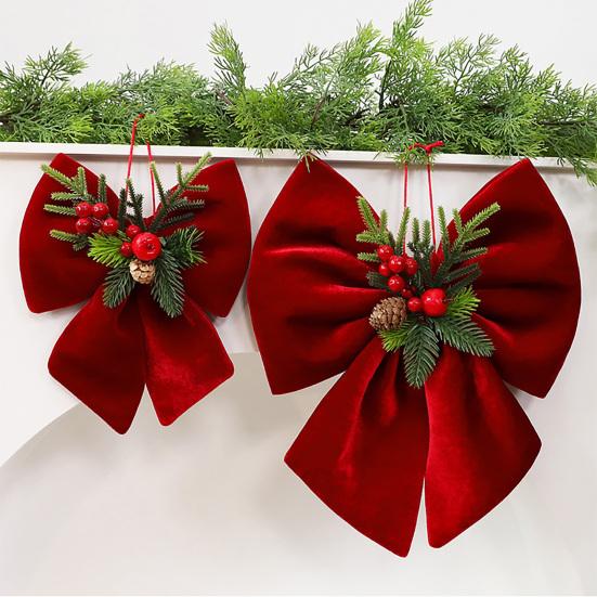 Velvet Ribbon for Christmas Wreaths Bow, Burgundy Red Hanging Bow Ornament with Versatile Garland Decorations Berries Pine Cones Holiday Tree