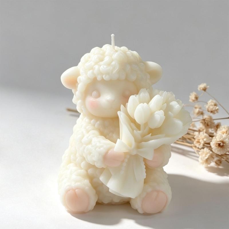 Flexible Sheep Craft Form for Candle Making, Featuring a Flower-Carrying Animal with Clear Wool and Flower Texture for Decorative Casting Projects