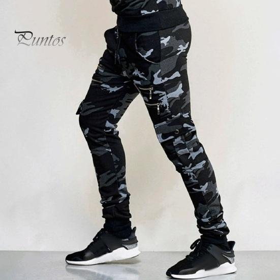 Men Cargo Pants Drawstring Elastic Waist Camouflage Print Multi Zippered Pockets Ankle-banded Slim Fit Casual Daily Wear Long Outdoor Trouser