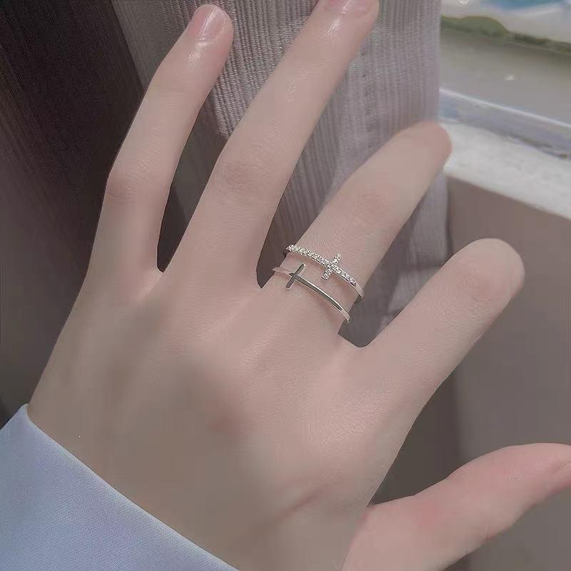 925 Sterling Silver Double Layer Cross Ring - Adjustable, High-End Design for Index or Pinky Finger