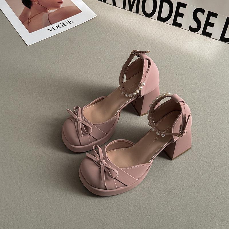 

French bow thick heel Mary Jane shoes women 2025 new spring and summer fairy style with skirt sweet high heels 35