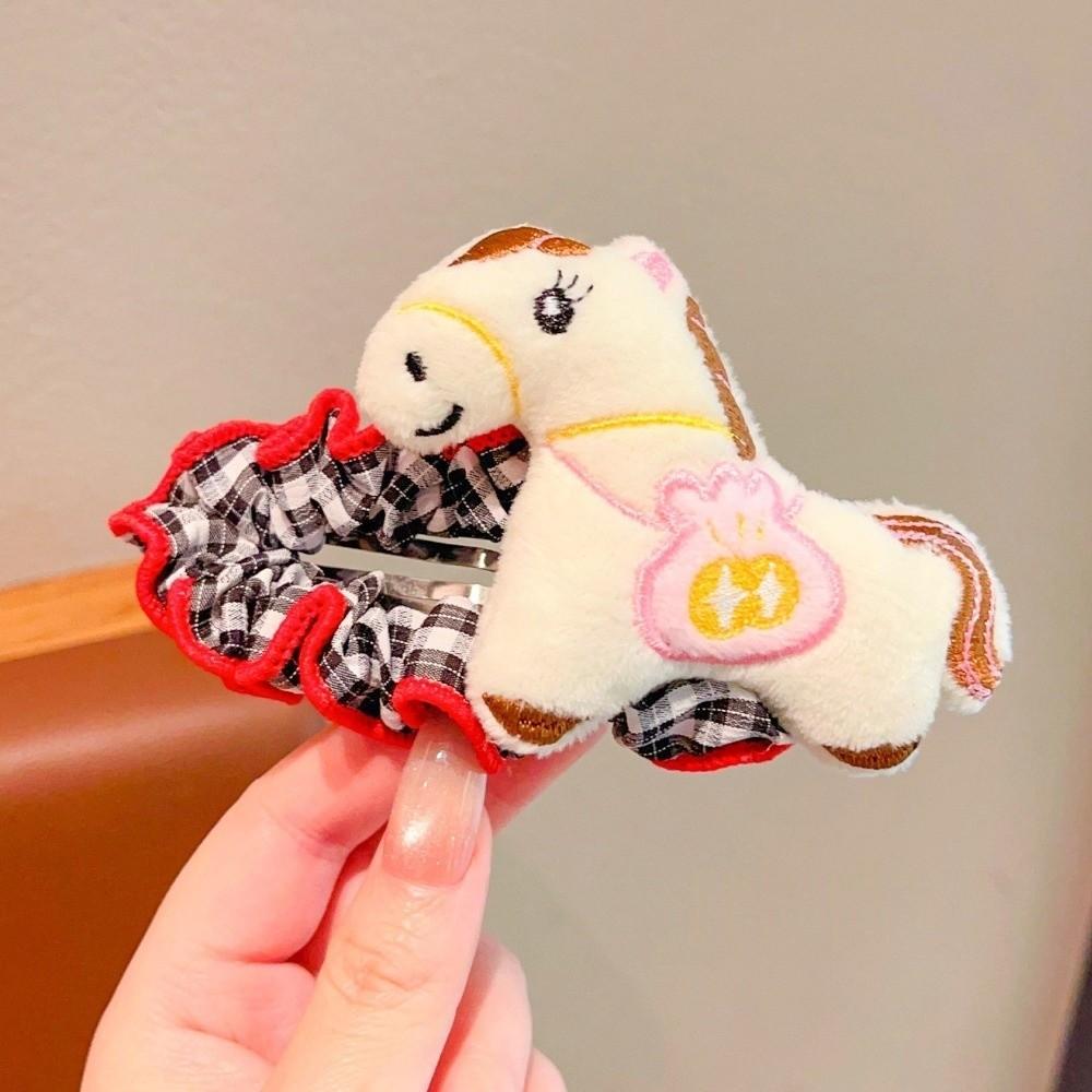 Grid Cartoon Hair Clip Large Plush Edge Clip Creative Horse Hairpins  2026 New Year