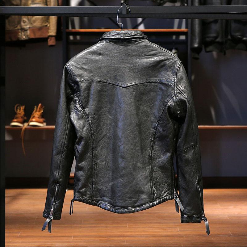 Lapel casual leather sweater men's heavy washed vegetable tanned sheepskin deck suit leather jacket