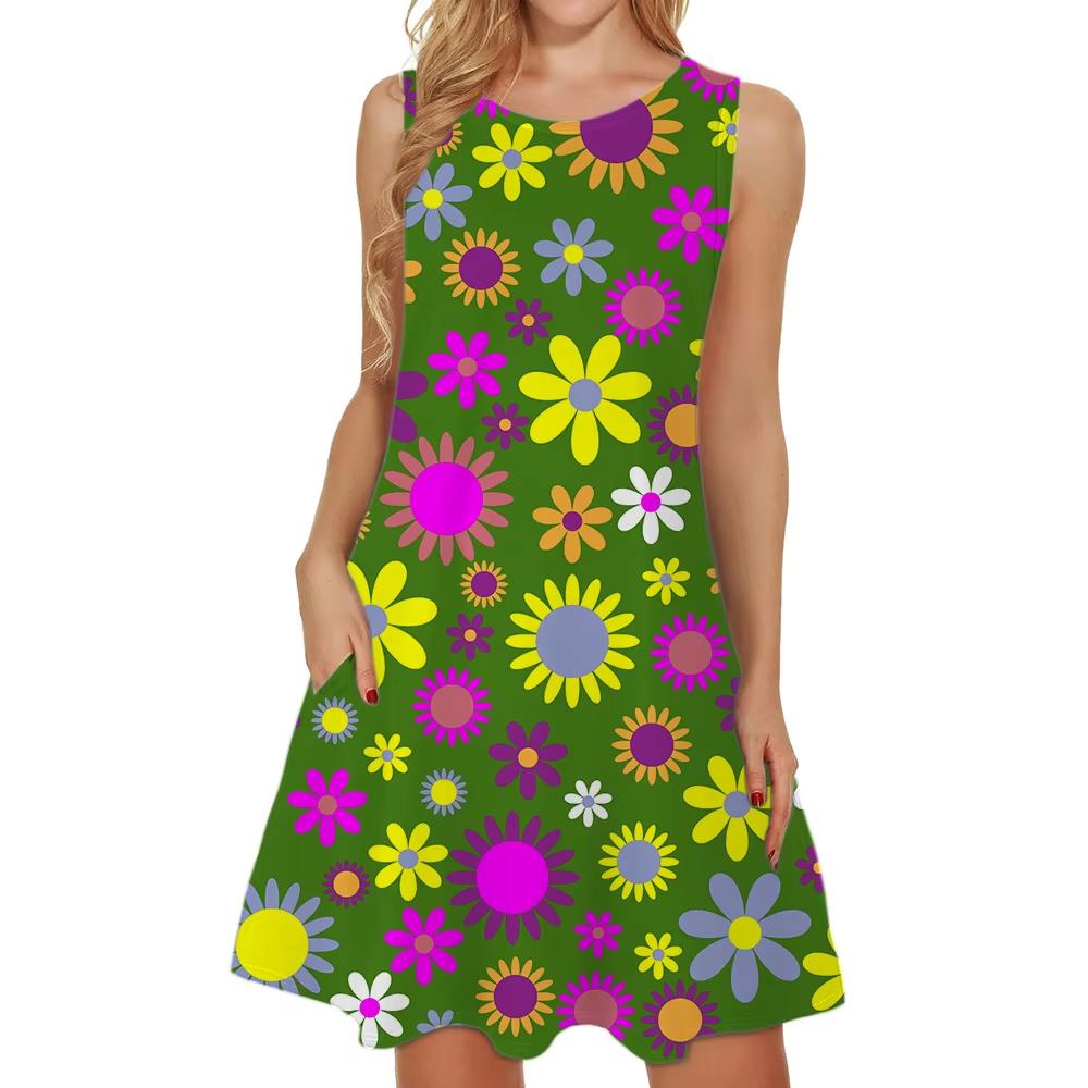 Women'S Elegant Floral Pink Green Leaf Pattern Print Sleeveless A-Line Dress Halloween Costume Oversized Woman Clothing Y2k Tops