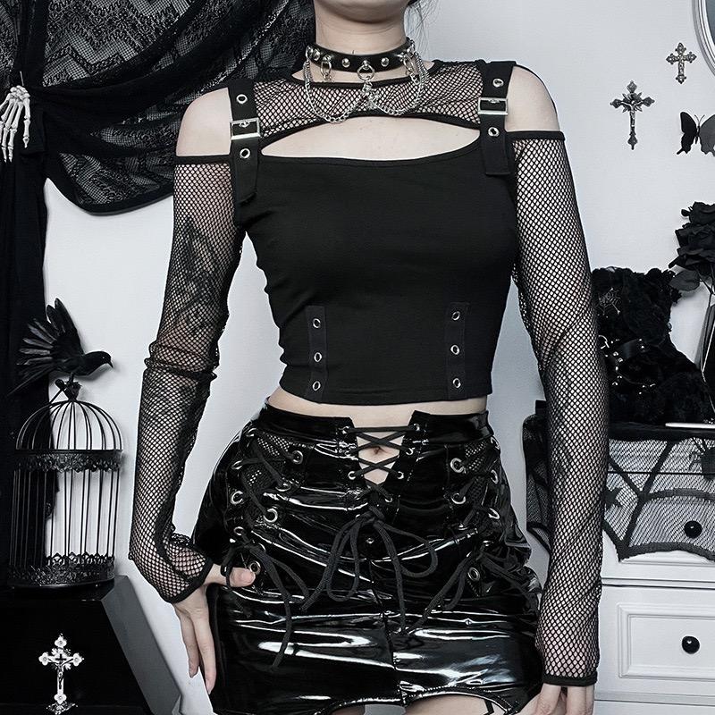 GlowGirl Gothic T-Shirt Schwarz Ärmellos Sexy Schlanke Tees Neu Goth Y2K Grunge Punk Lolita Elegant Süß Halloween Damenbekleidung