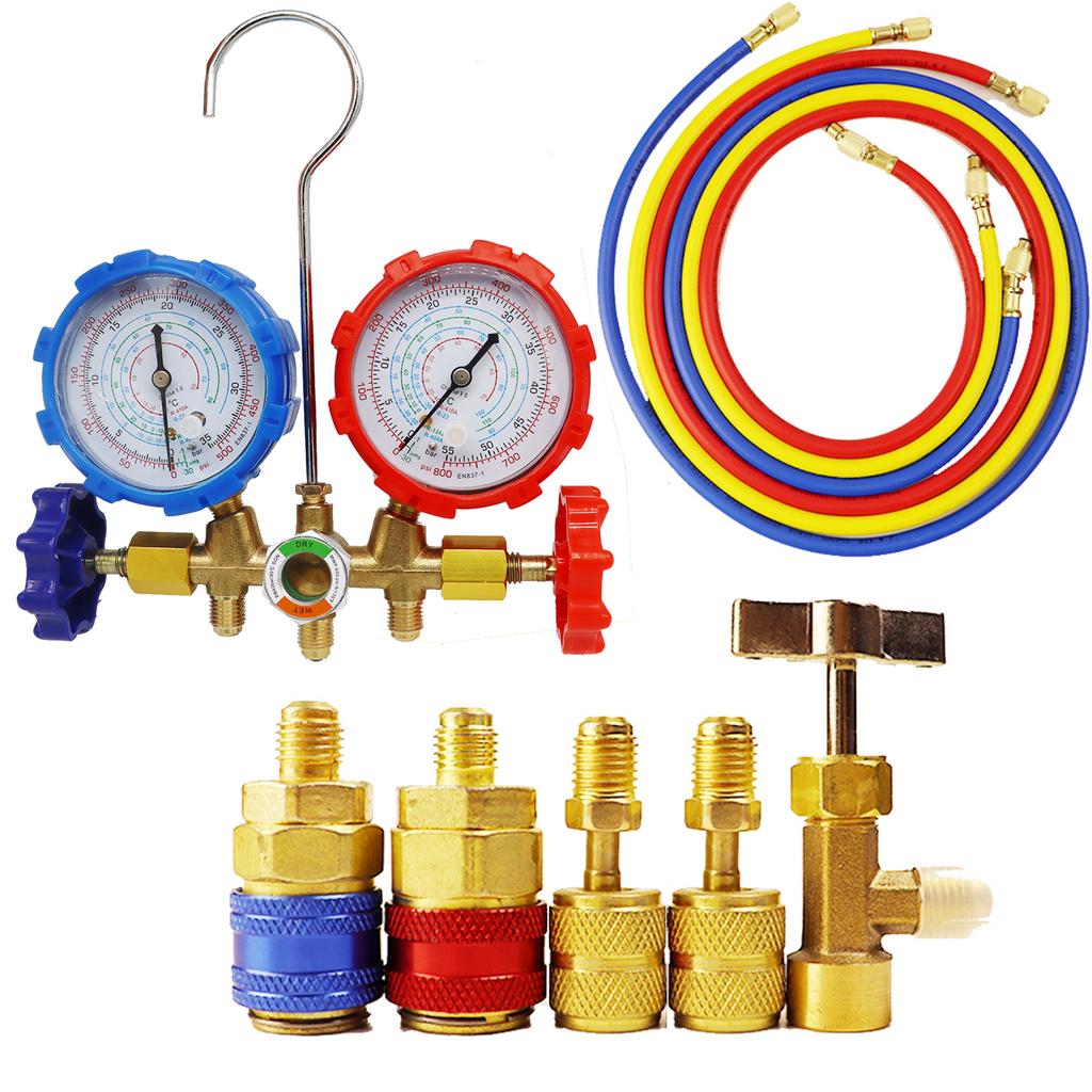 R410A R22 R134a R404A Manifold Gauge Set HVAC A/C Refrigeration Charging Service with Hoses Adjustable Couplers Adapter Can Tap