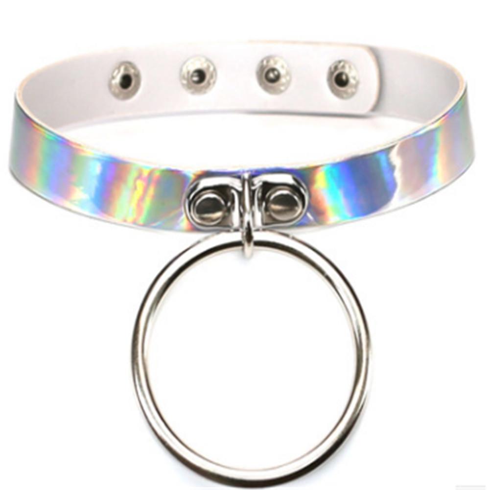 Lady/'s Gold//Silver Ring Holographic Laser Collar Choker Wide PU Leather Necklace