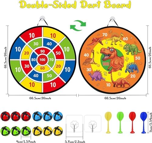 Dinosaur Dart Board for Kids 26 Inches Double-Sided Safe Game with 16 Balls Montessori Toys Indoor Outdoor Play Gift