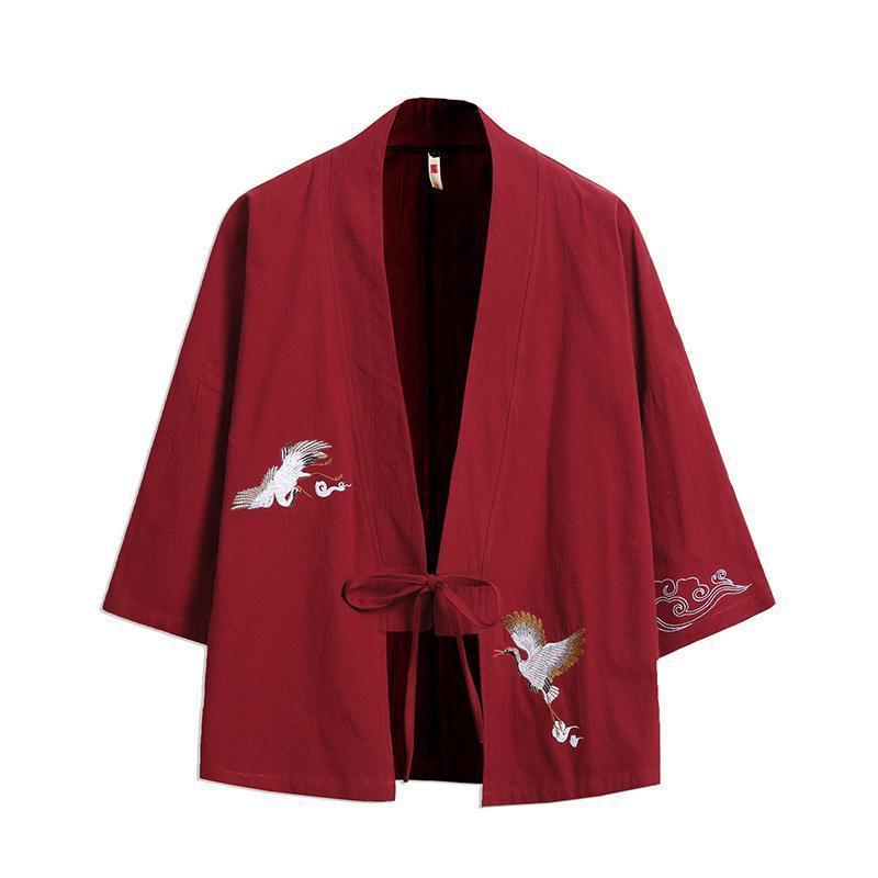 Unisex Japanese-Chinese Haori Kimono Cardigan with Crane Embroidery