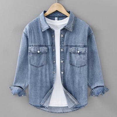 Frühling und Sommer Lässiges Langarm-Denimhemd Herren Retro Baumwolle Arbeitshemd Herren Jacke Oberteil