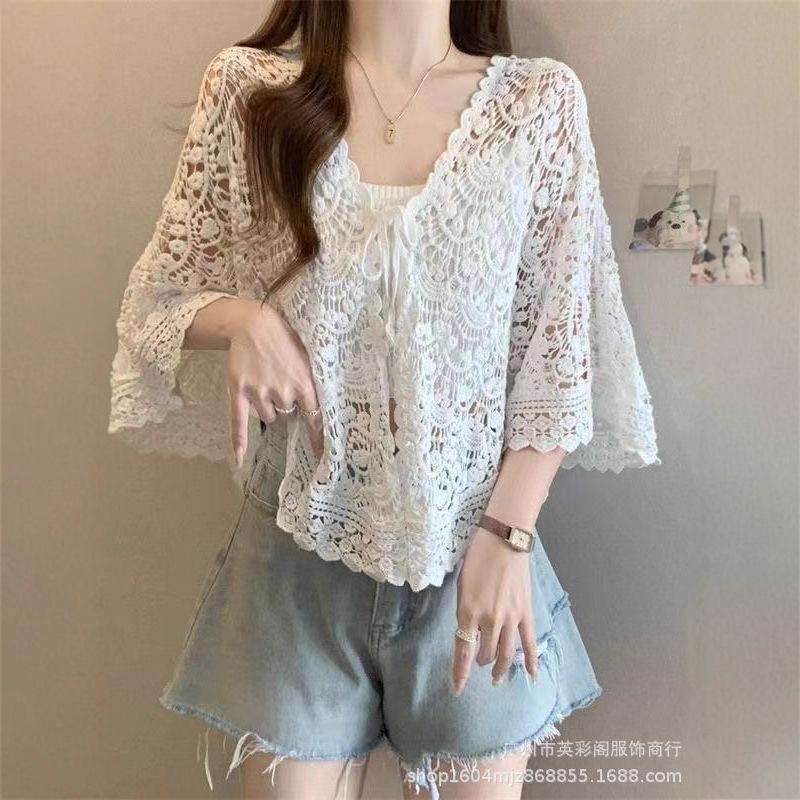 Seaside Retro Vacation Style Sunscreen Knitted Cardigan Women's Summer Hollow Crochet Loose Casual Niche Chic Top