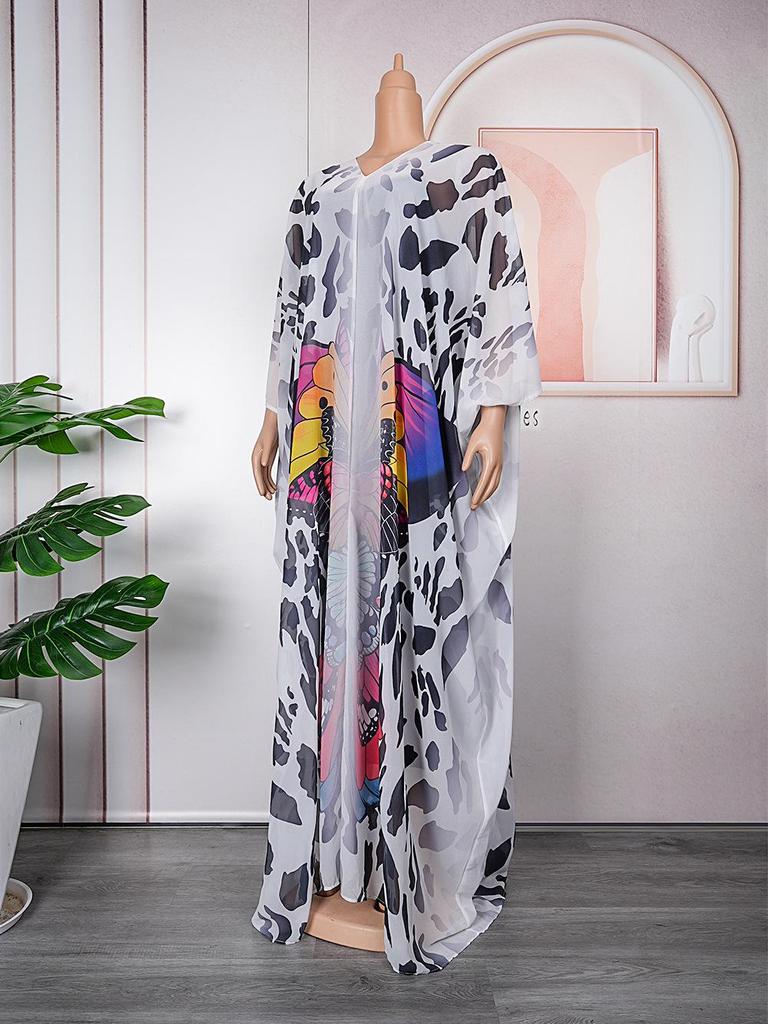 African Women's Plus Size Chiffon Print Beach Dress and Robe Set