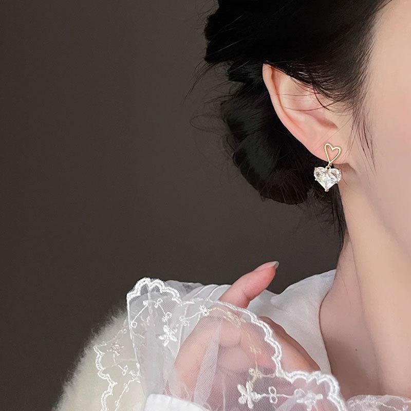 Pink Crystal Heart Earrings with 925 Silver Studs - Elegant Niche Design for Girls