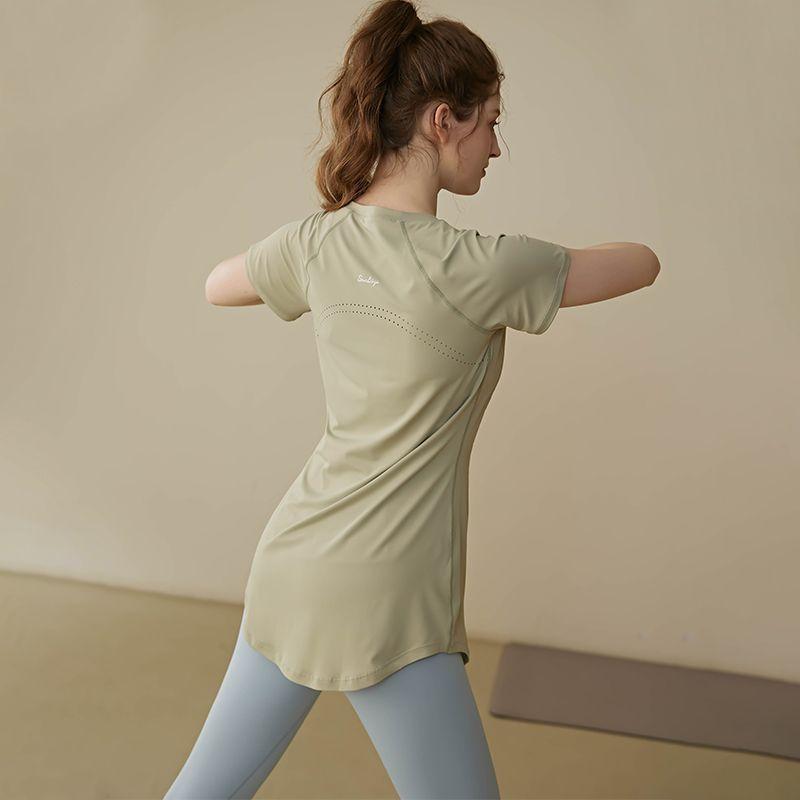 Sommer Modisch Einfarbig Rundhals Damen Slim Fit Lauf-T-Shirt Yoga Lang Geschnitten Hüftbedeckendes Workout-Top