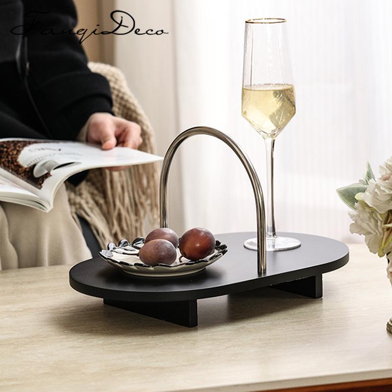 Wabi-Sabi Black Wooden Tray with Modern Metal Handle for Hotel & B&B Decor