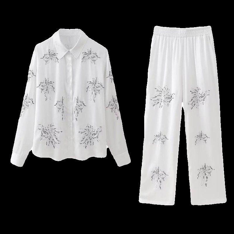 Fashion Style 2024 Spring New Women's Loose Temperament Beaded Embroider Shirt High Waist Pants 4786044 712