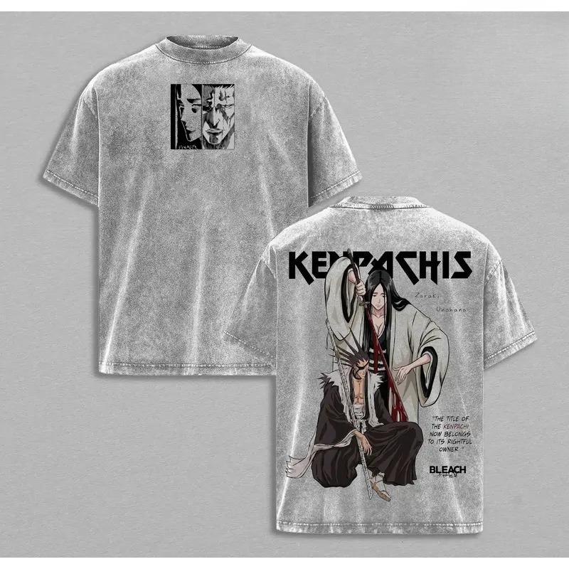 Zaraki Kenpachi Unohana Retsu Print T-shirt Anime BLEACH Clothing Men Women Cotton Tshirts Retro Washed T Shirt Harajuku Tops S серый
