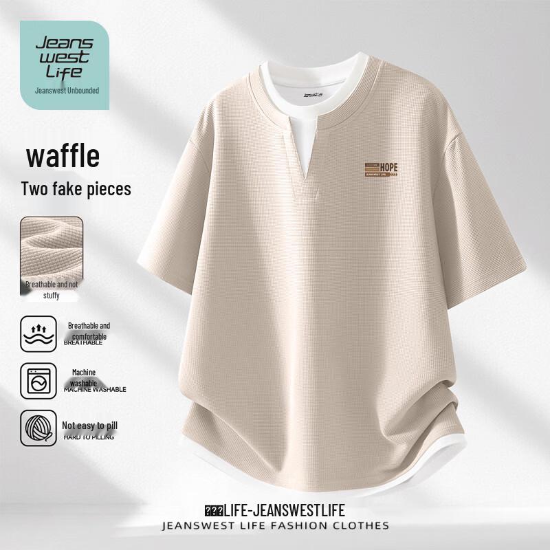 JEANSWEST LIFE Unisex Faux V-Neck Waffle Knit T-Shirt L