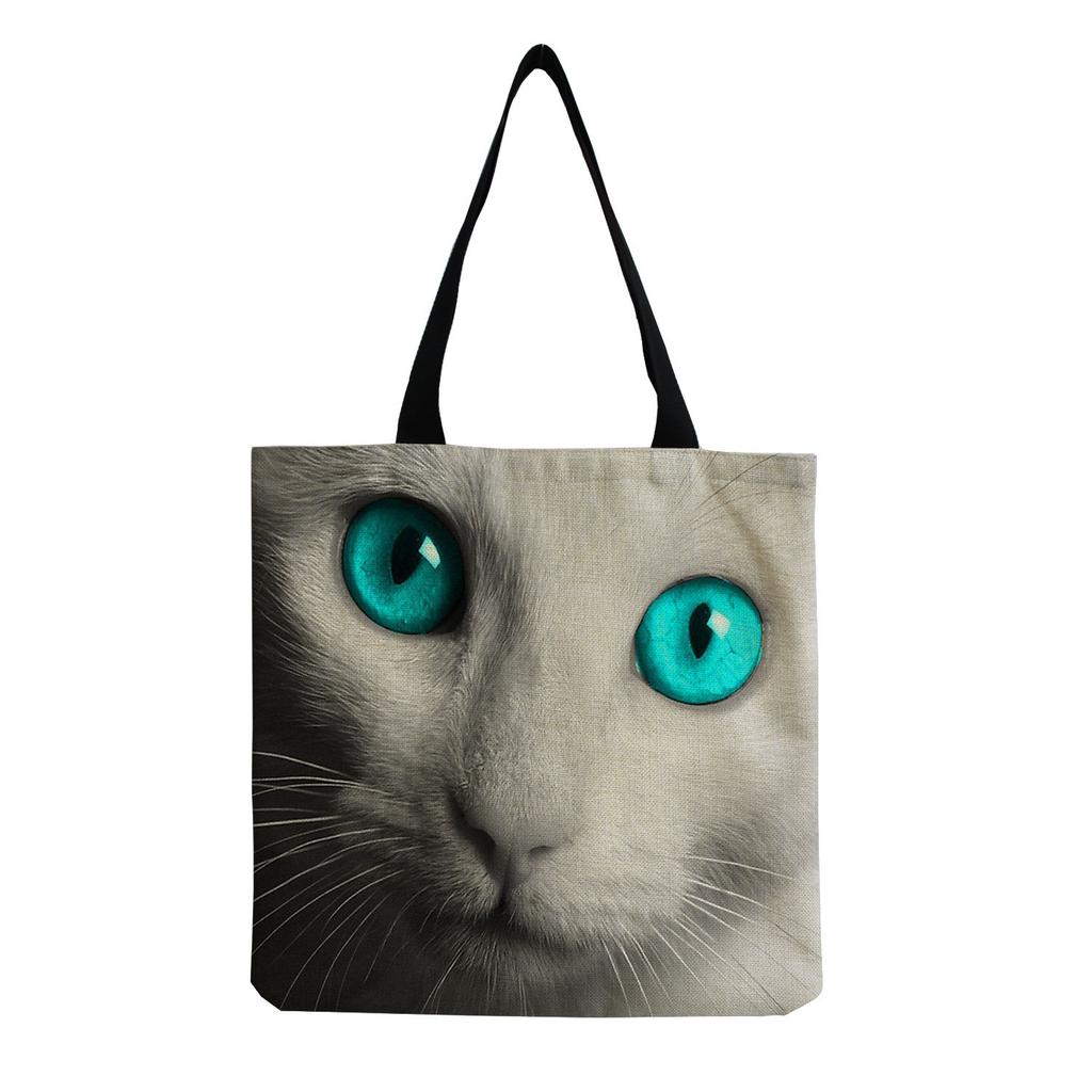 Women Vintage Linen Tote Bag - Large Capacity Cat Print Shoulder Handbag for Casual & Grocery Shopping KTB
