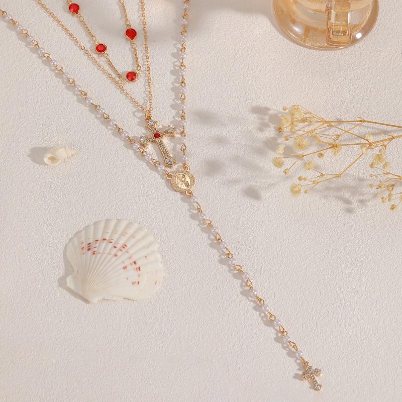 Imitation pearl cross necklace stacked accessories women's niche high-end tassel diamond necklace