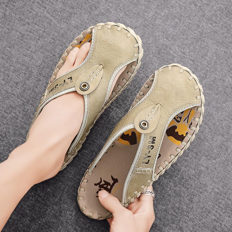 Men Foreskin Herringbone Slippers PU Hand Sewn Flat Bottomed Anti-collision Toe Comfortable Outdoor Beach Sandals