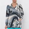 Women Plus Size V Neck Long Sleeve Black Gold Geometric Printed Nurse Scrub Top With Front Pockets