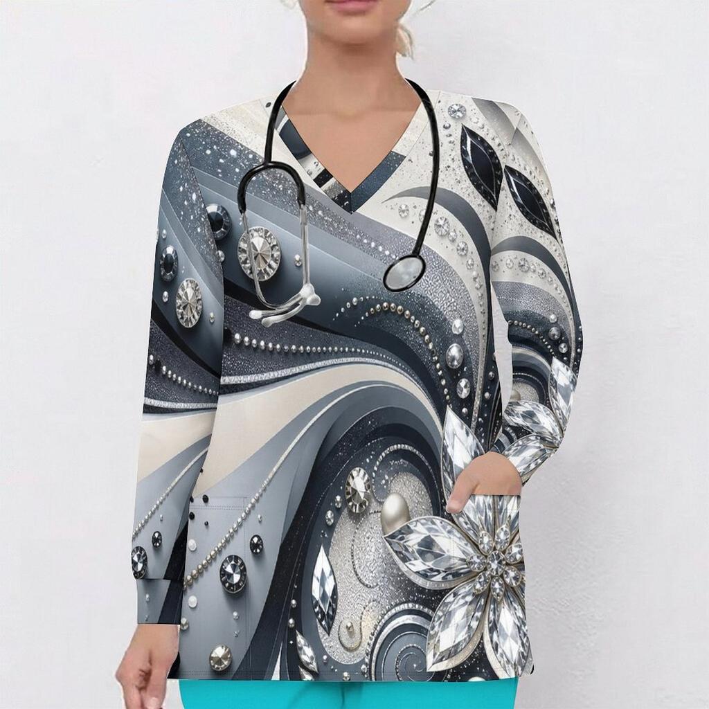 Women Plus Size V Neck Long Sleeve Black Gold Geometric Printed Nurse Scrub Top With Front Pockets
