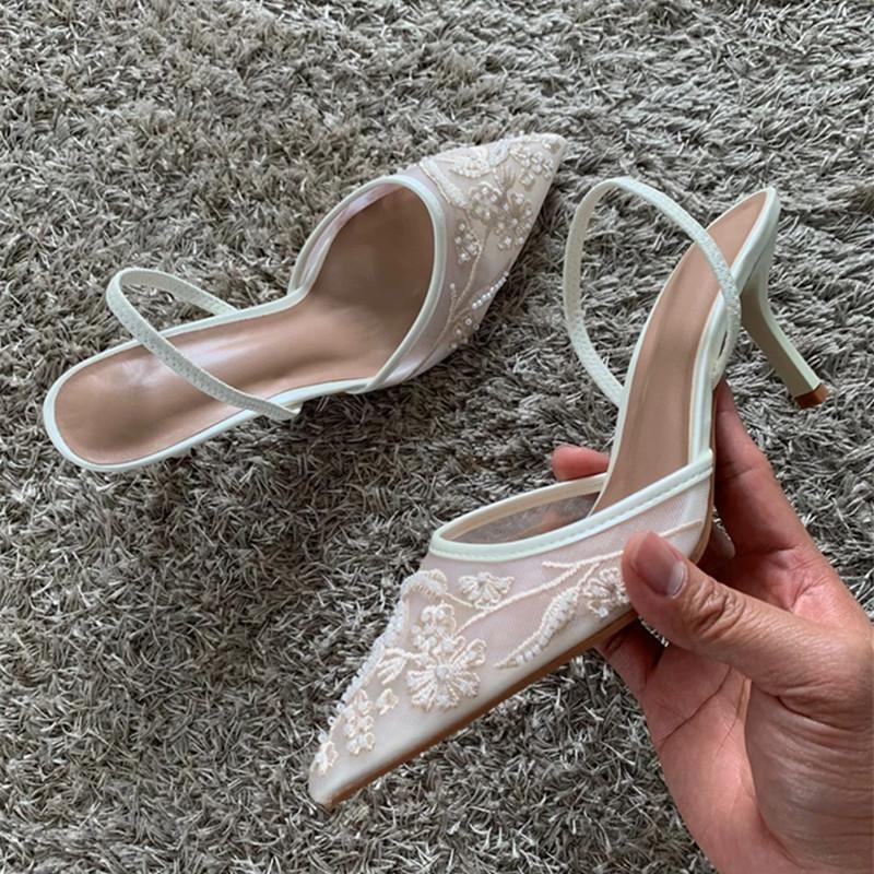 Fashion Black Mesh Embroidery Women Pumps Sexy Pointed Toe String Bead High Heels Summer Elegant Party Designer Shoes Heeled Sandals