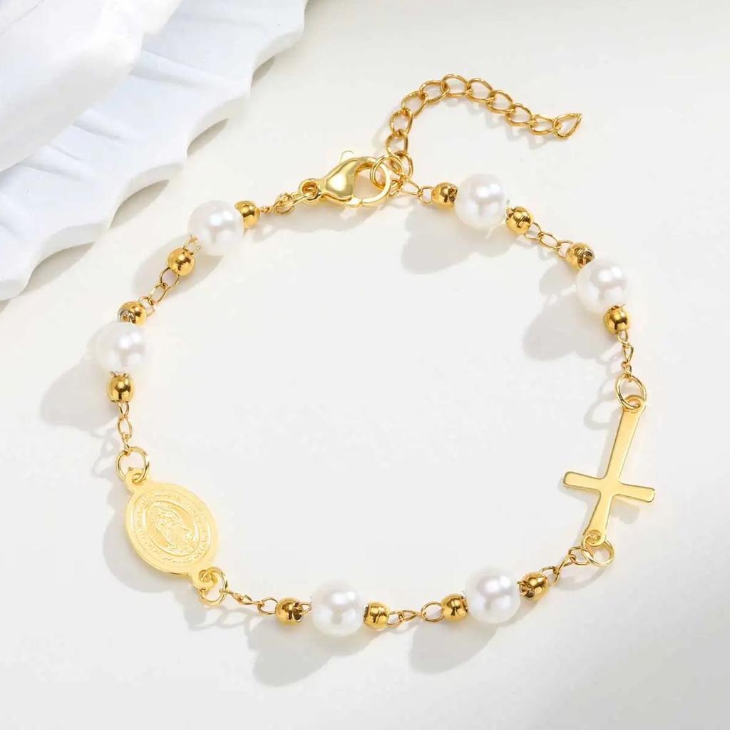 Holy Stainless Steel Cross Benedict Virgin Bracelet,Women's Gold Plated Beaded Chain Bracelets,Trendy Jewelry Gifts
