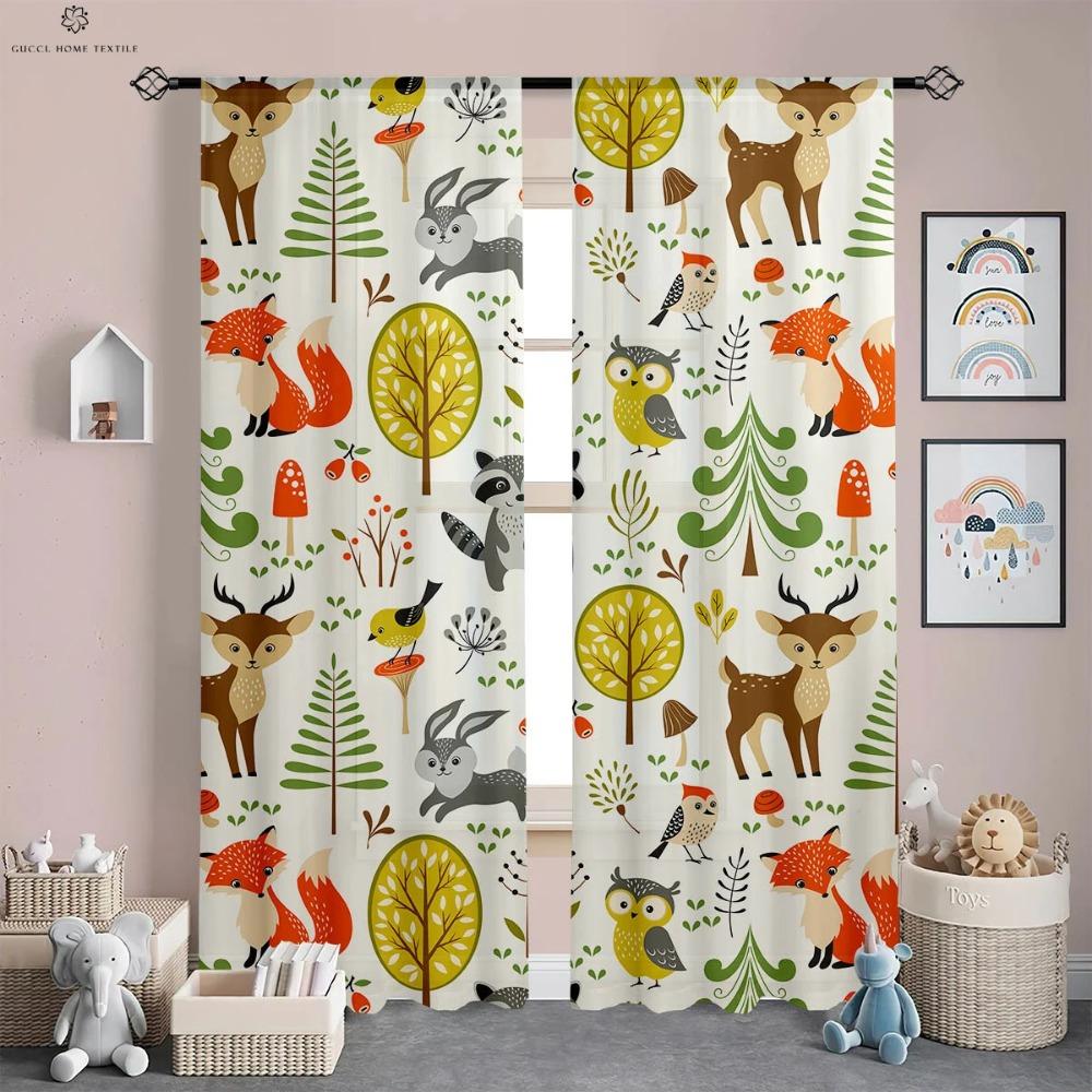 Perdele cu Imprimeu Desene Animate Animale din Pădure pentru Copii, Fibră Poliesterică, Cameră Copii, Birou, Dormitor, Decorative, 2 Buc.