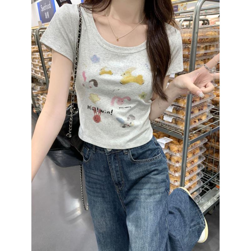 

Футболка с коротким рукавом и U-образным вырезом спереди на плече для женщин. Летний новый милый мультяшный принт с рисунком. Короткий топ Niche. L