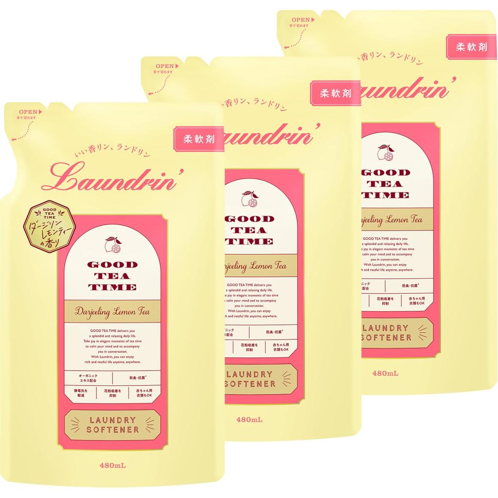 Laundrin Liquid Fabric Softener, Darjeeling Lemon Tea Scent, Refills, 480ml (x3)