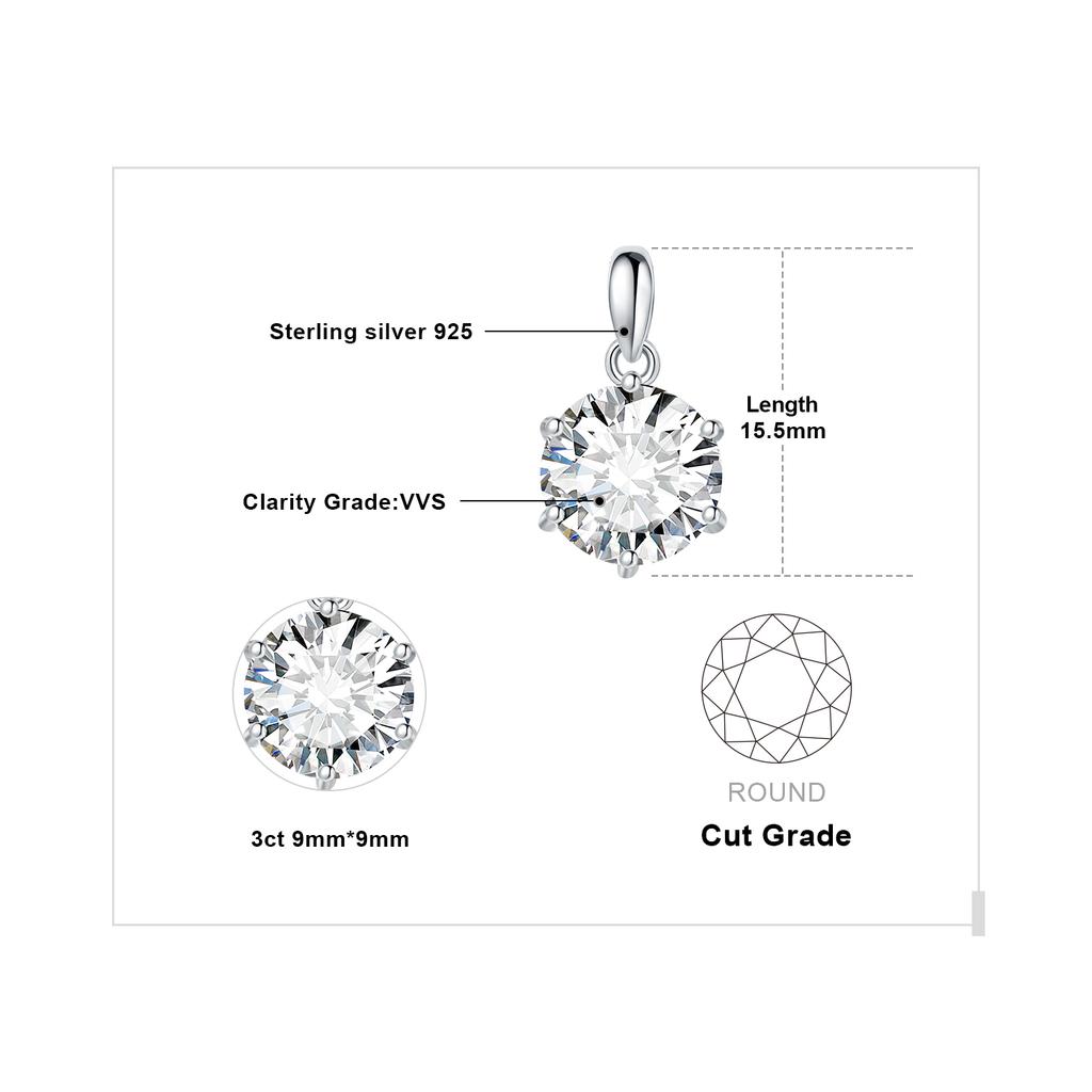 JewelryPalace Moissanite D Color 1ct 1.5ct 2ct 3ct Round 925 Sterling Silver Pendant Necklace for Woman No Chain