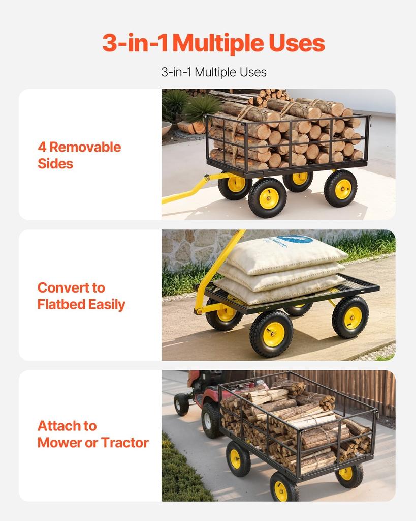 Steel Garden Cart, 635 Kg Heavy Duty Pullable Garden Wagon Yard Cart, 2 In 1 Outdoor Metal Utility Wagon Yard Trailer with 330 Mm All Terrain Tires,