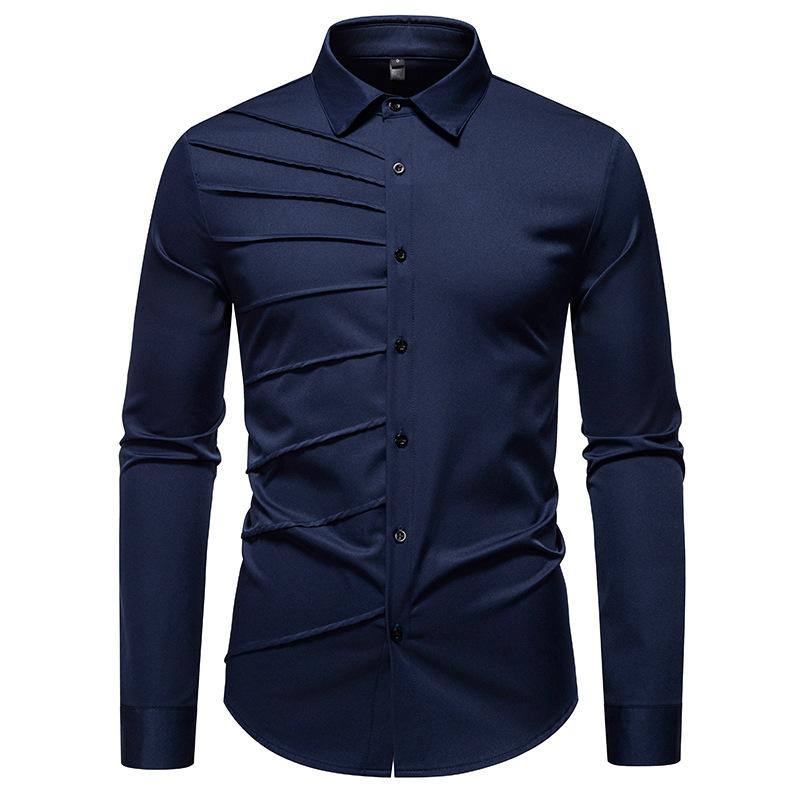 

Autumn Men S Solid Color Pleated Design Long-Sleeved Shirt European Size Men S Loose Shirt S тёмно-синий
