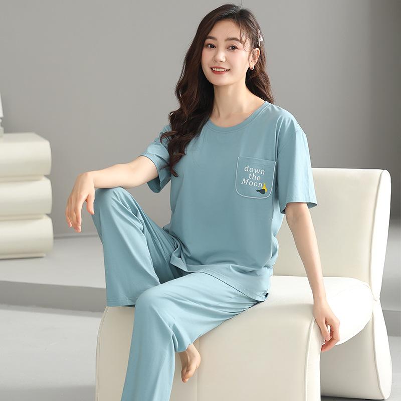 Pajamas with chest pads Women's summer thin Modal short-sleeved cropped pants Middle-aged mother loungewear cool suit
