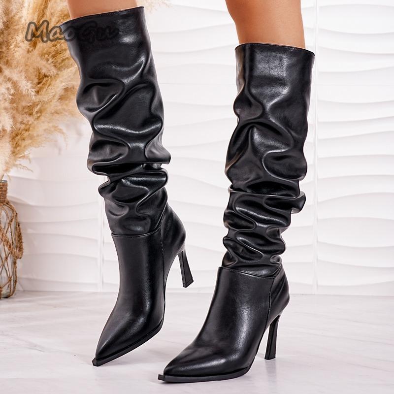 Pointed Toe High Heel Pleated Fashion Boots Women'S Plus Size 35-42 Leather Black Stiletto Boots Elegant Knee High Botas Mujer