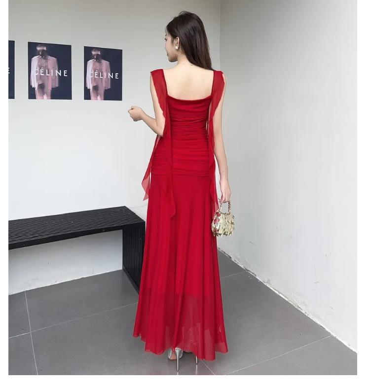 Elegant French Fairy Mesh Camisole Maxi Dress - Travel, Resort, Pleated, Cinched Waist, Hip-Hugging Mermaid Style for Women.
