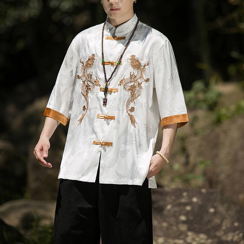 Summer Chinese Traditional Dress Dragon Embroidery Shirt Men Clothing Silk Half Sleeve Vintage Tops Plus Size