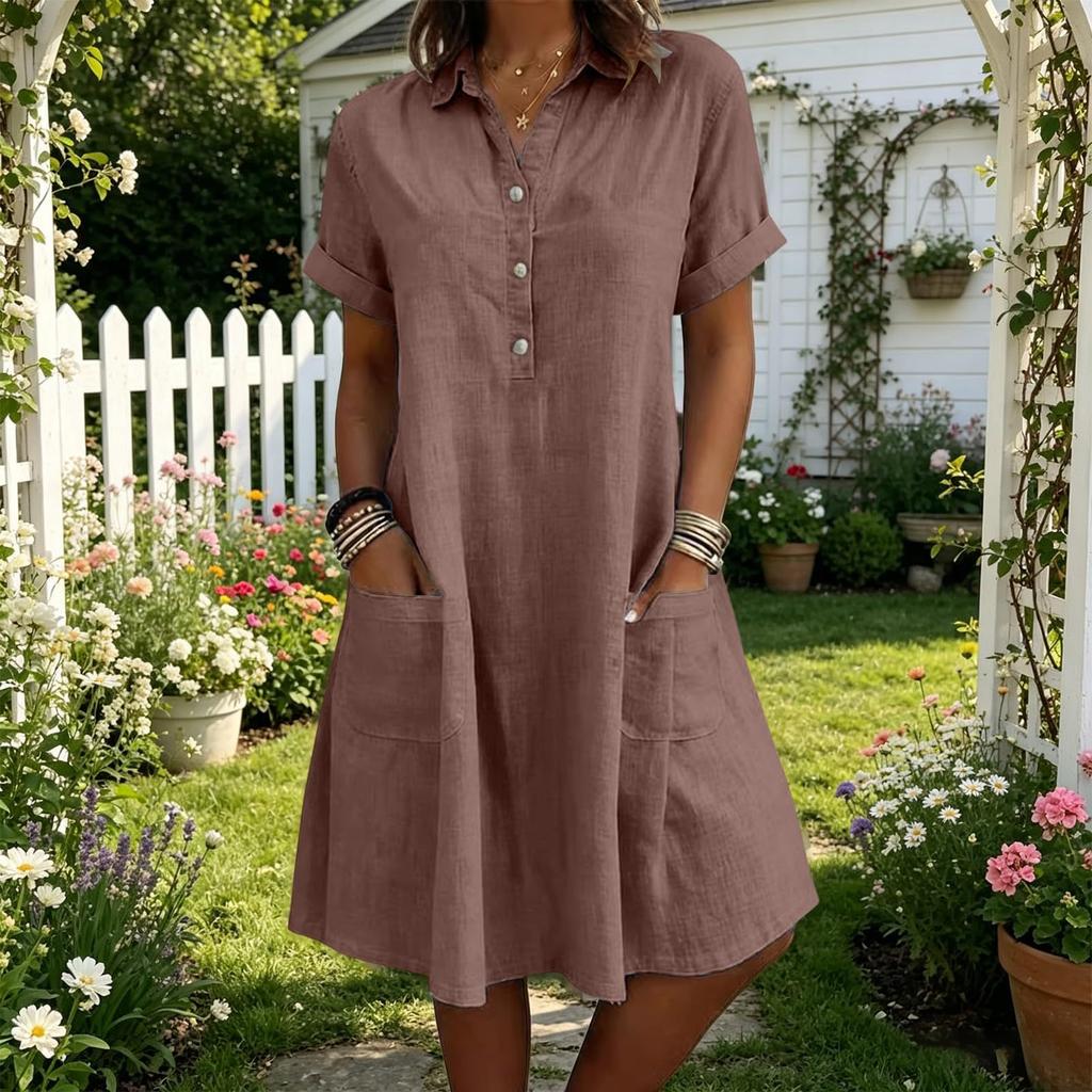 Women Casual Loose Fit Short Sleeve Dress with Lapel Collar Button Front and Pockets Comfortable Summer Dress