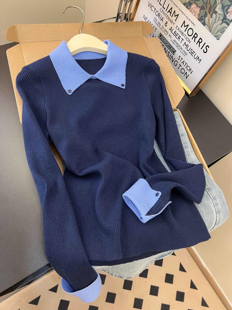 Maillard Coffee Lapel Bottom Top Women's Autumn and Winter Contrasting Olo Shirt Slim-fitting Versatile Commuter Knitted Sweater