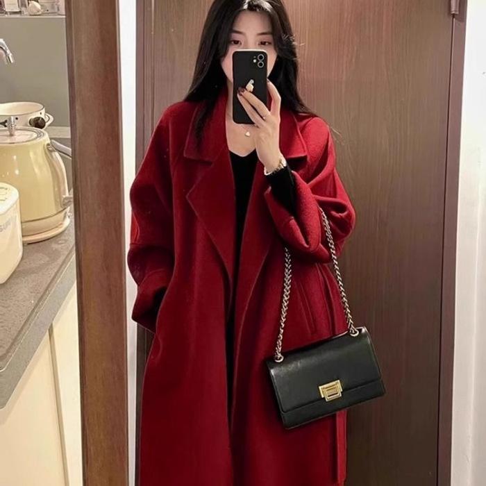 Red woolen coat women s autumn and winter Korean Hepburn style woolen coat S красный