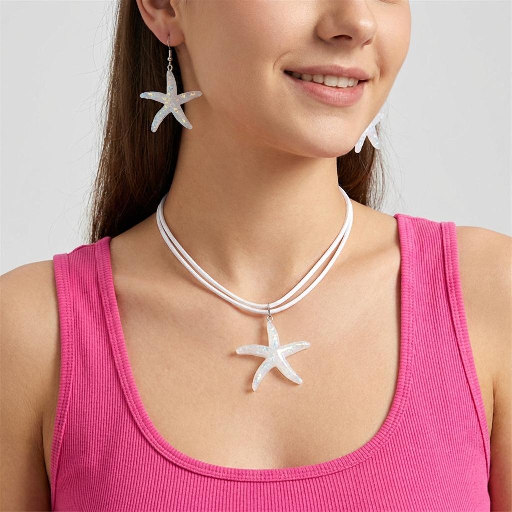 Boho Resin Starfish Necklace Earrings Set for Women Summer Beach Vacation Glitter Sea Star Choker Ocean Jewelry Accessories
